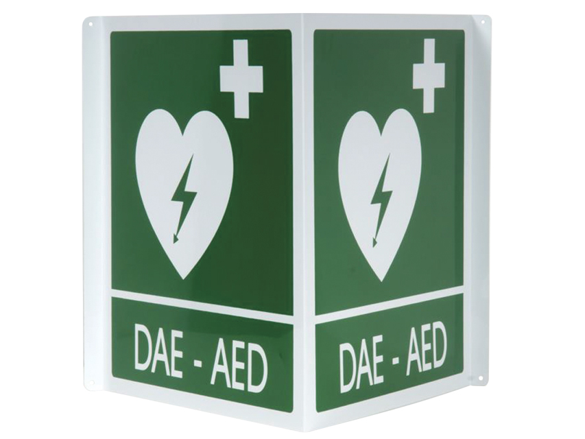 DAE-AED DOUBLE-SIDED ALUMINIUM SIGN 34X36 CM FOR DEFIBRILLATORS