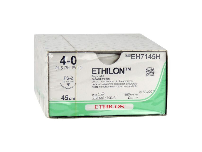 ETHICON ETHILON monofilamenta šuvju materiāls. Izmērs 4/0, adata 19 mm
