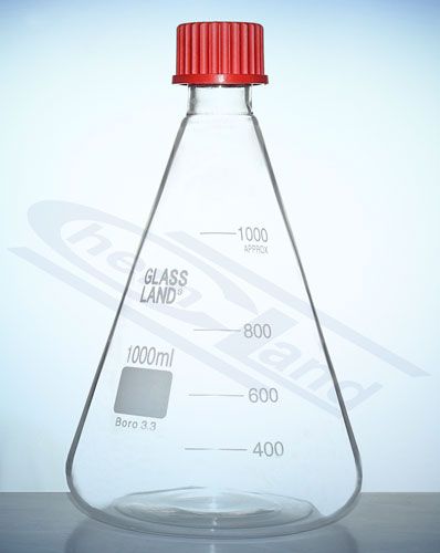 konusveida kolba ar sarkanu uzskrūvējamu vāciņu 0250ml GL32