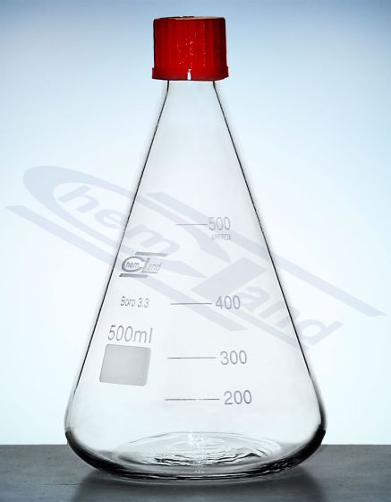 konusveida kolba ar sarkanu uzskrūvējamu vāciņu 0500ml GL25