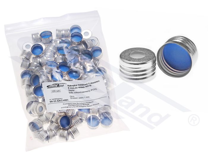Magnētiskais metāla vāciņš flakoniem ND18 ar caurumu, balts silikons/zils PTFE op.100gab. CHEMLAND