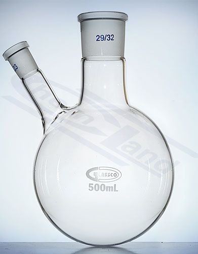 kolba ar apaļu dibenu 2 leņķveida kakliņi 0100ml 29/32 un 14/23 G