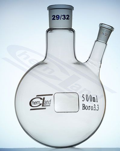 kolba ar apaļu dibenu 2 kakliņi leņķī 00250ml 29/32 un 14/23