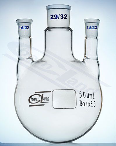 kolba ar apaļu dibenu 3 kakliņi taisni 0100ml 29/32 un 14/23