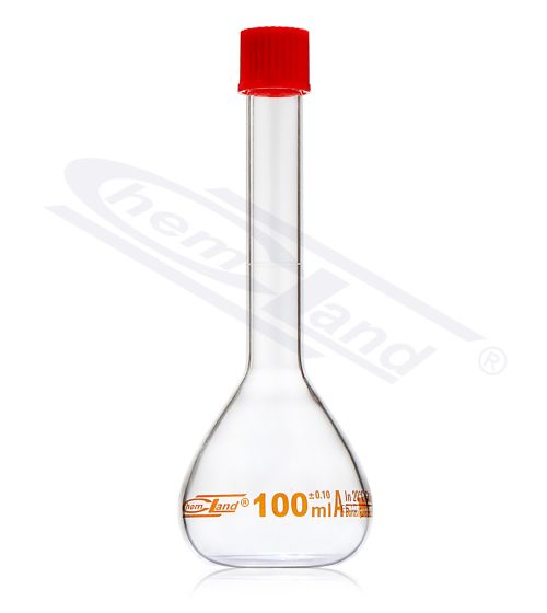 mērkolba ar brūnu skalas sertifikātu cl A 0200ml ar skrūvējamu vāciņu GL18 CHEMLAND NEW LINE